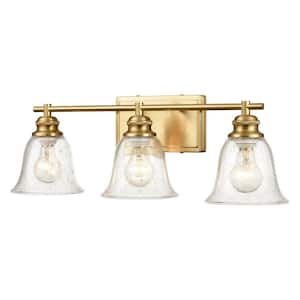 Modern 23 in. 3-Light Brushed Gold Vanity Light with Seeded Glass Shade