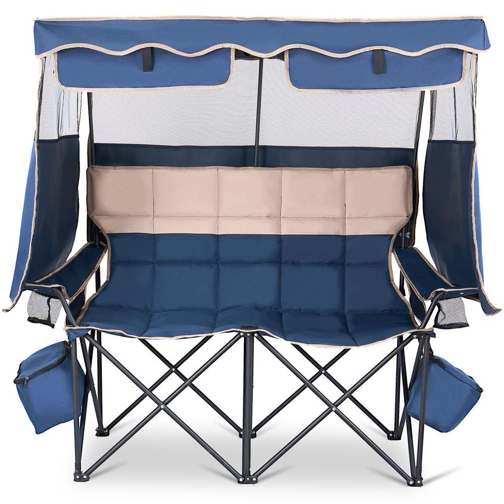 Double Beach Camping Chair with Canopy, Oversize Folding 2 Person Camping Chairs with Cooler Bag for Outdoor, Navy Blue price history on PriceWatchPro