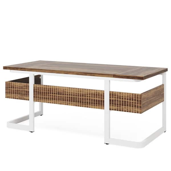 BYBLIGHT 63 in. Executive Desk Brown and White Computer Desk with Thicken Frame