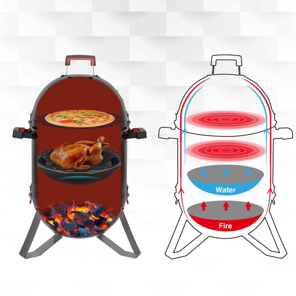 18" Black Charcoal Vertical Smoker Grill with Porcelain Enamel Bowls