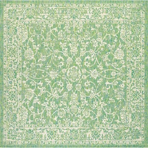 Tela Bohemian Textured Weave Floral Cream/Green 5 ft. Square Indoor/Outdoor Area Rug