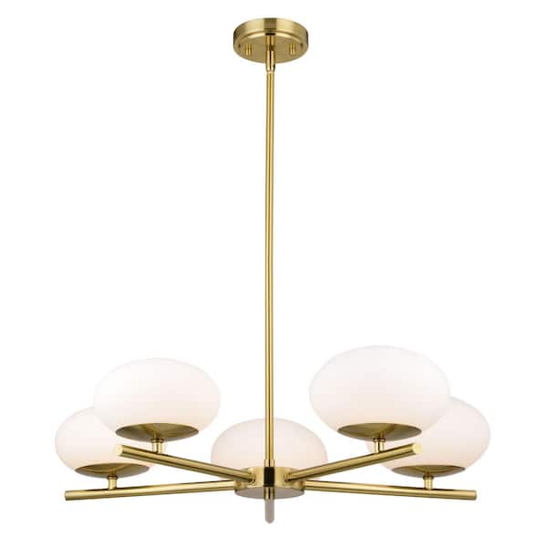 VAXCEL Sloane 5-Light LED Gold Satin Brass Mid-Century Modern Chandelier with White Glass Globes