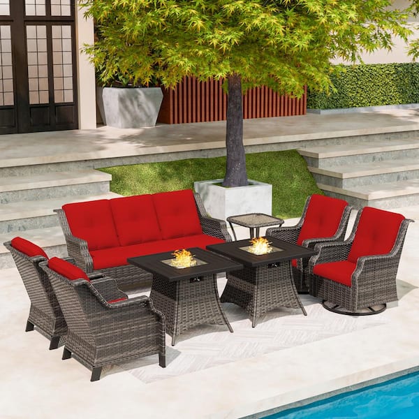 MeetLeisure 8-Piece 7-Seat Wicker Patio Conversation Set Fire Pit Table with Swivel Rocking Chairs and Red Cushion
