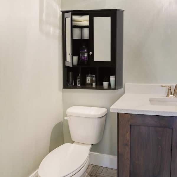 Tangkula Bathroom Mirror w/ Shelf & 4 Hooks, 33 x 19 Rectangle