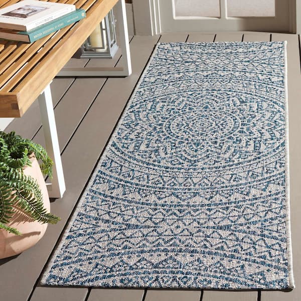 Courtyard Light Gray/Blue 2 ft. x 5 ft. Medallion Indoor/Outdoor Runner Rug