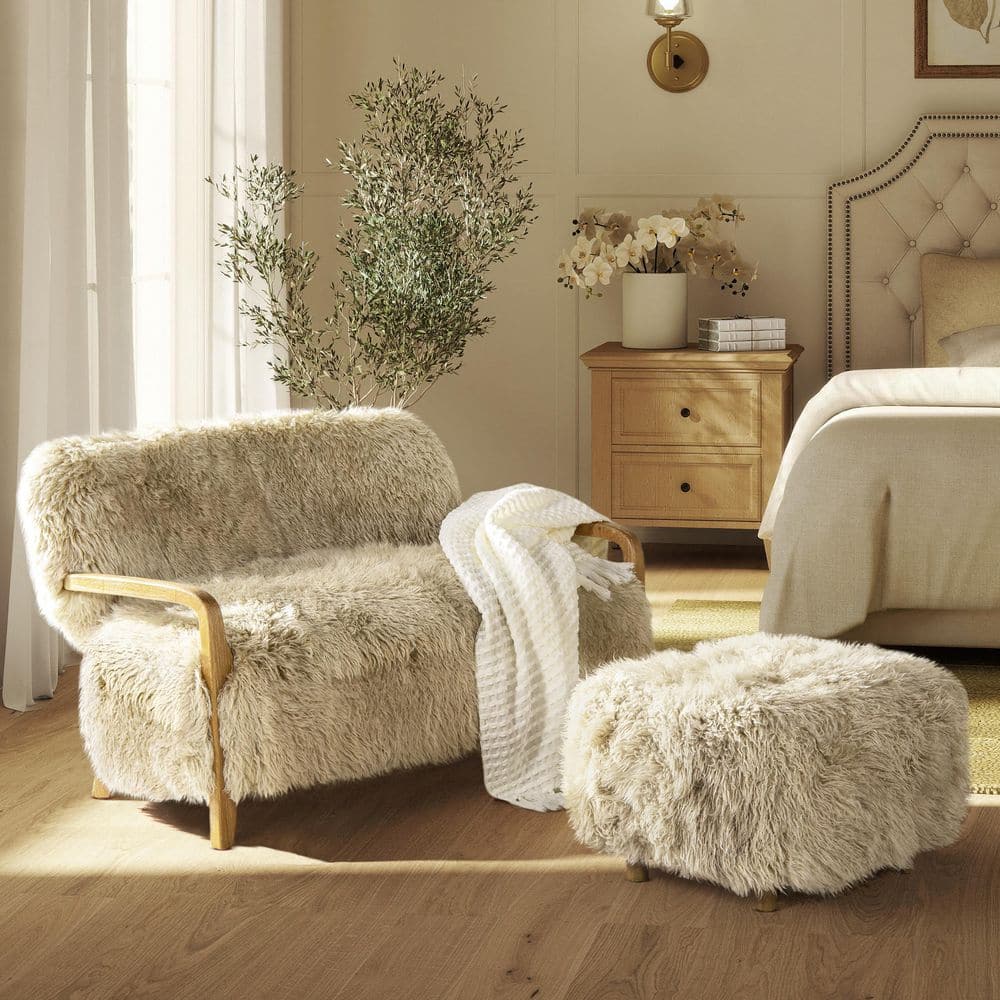 Enchante 52.5 in. Sheepskin Fur Accent Loveseat Beige