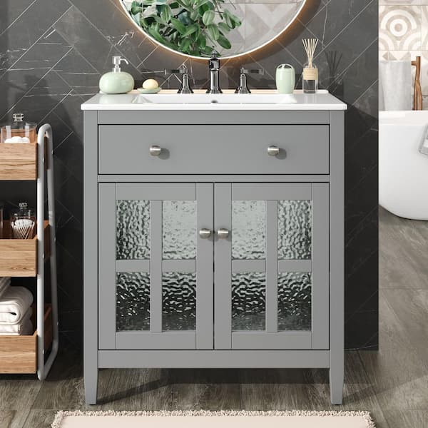 30 in. Freestanding Gray Bath Vanity with White Ceramic Top and Glass Door Bathroom Storage Cabinet Unassembled