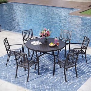 Black 7-Piece Metal with Round Table Patio Dining Set and Fashion Stackable Chair