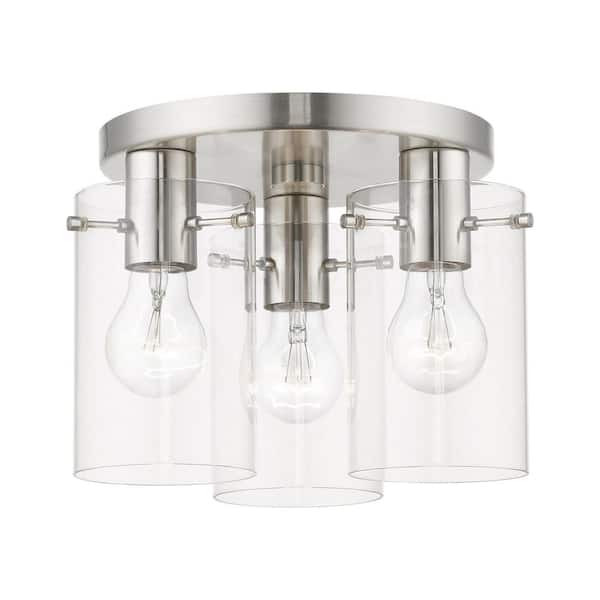 AVIANCE LIGHTING Alexander 11 in. 3-Light Brushed Nickel Flush Mount with Clear Glass Shades