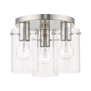 Munich 11 in. 3-Light Brushed Nickel Flush Mount with Clear Glass Shades