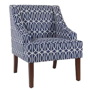 Blue, White and Brown Fabric Accent Chair with Swooping Armrests