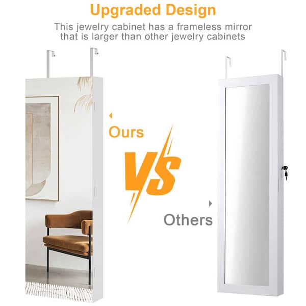 Jewelry Cabinet with Lockable 14.57 in.W Mirror, Wall/Door Mounted with LED Makeup Light, White Makeup Storage Style 2