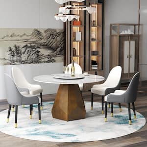 53 in. White Circular Rotable Sintered Stone Tabletop with Lazy Susan Pedestal Base Kitchen Dining Table (Seats-6)