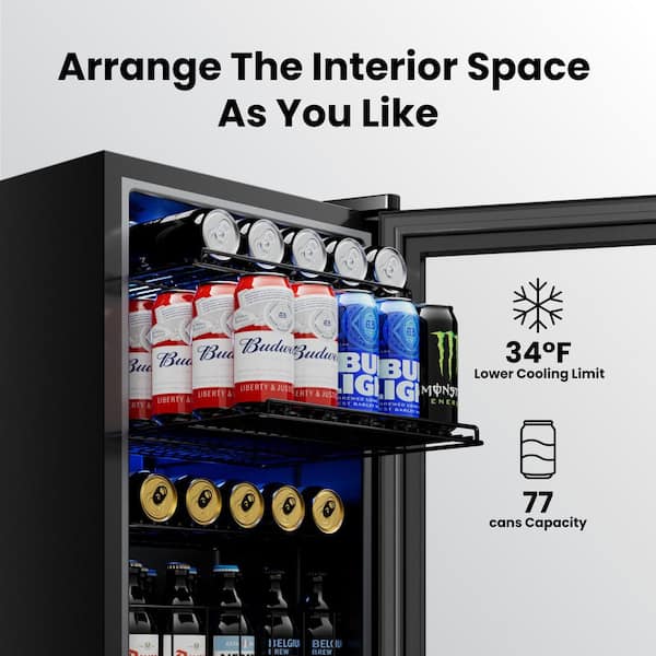 16.9 in. 80-Cans Single Zone Freestanding Beverage Cooler Refrigerator in Stainless Steel Frost Free Upgraded Compressor