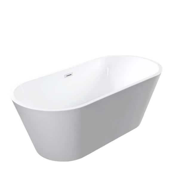 59 in. x 30 in. Flat Bottom Acrylic Freestanding Soaking Bathtub with Center Drain in Glossy White
