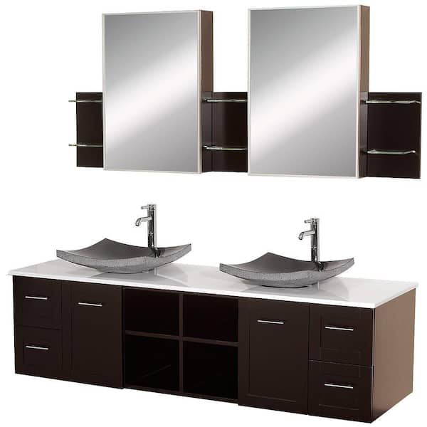 Wyndham Collection Avara 72 in. Vanity in Espresso with Double Basin Stone Vanity Top in White and Medicine Cabinets