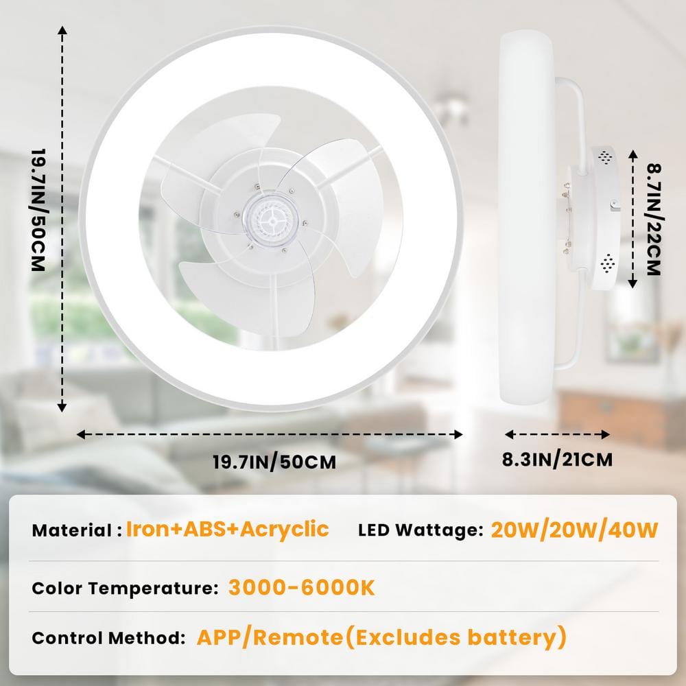 20" White LED Bladeless Low Profile Ceiling Fan with Remote
