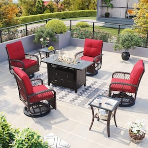 7 Piece Red Wicker Patio Rocking Chairs for 4 with 44 in. Fire Pit Table Swivel Rocking Chair Sets