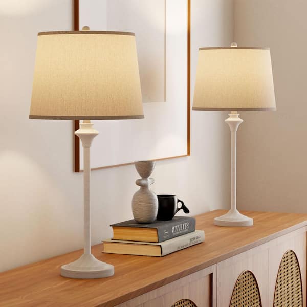 26 in. Antique White Modern Buffet Bedroom Living Room Bedside Desk Nightstand Tall Table Lamps Set of 2