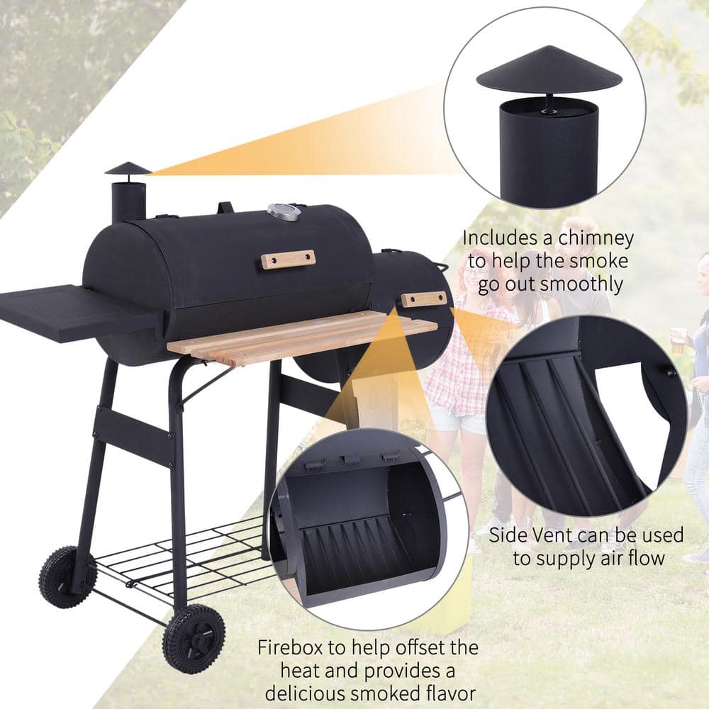 Outsunny 48" Black Steel Charcoal BBQ Grill with Smoker