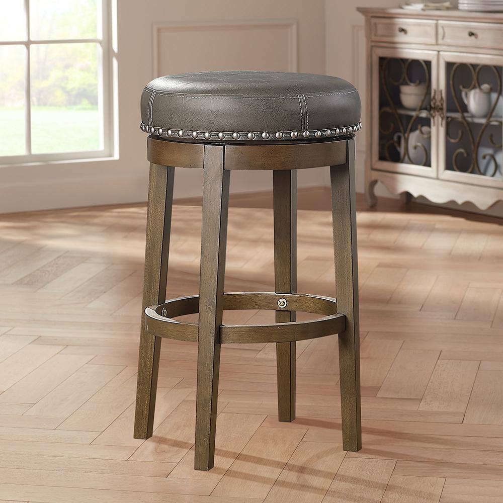 Gray Faux Leather Swivel Pub Stools with Wood Legs, 30.5"