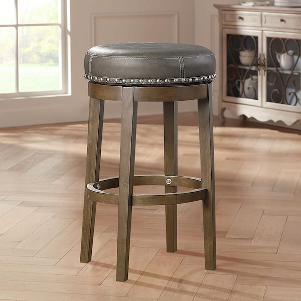 Paran 30 in. Brown Wood Round Swivel Pub Height Stool with Gray Faux Leather Seat (Set of 2)