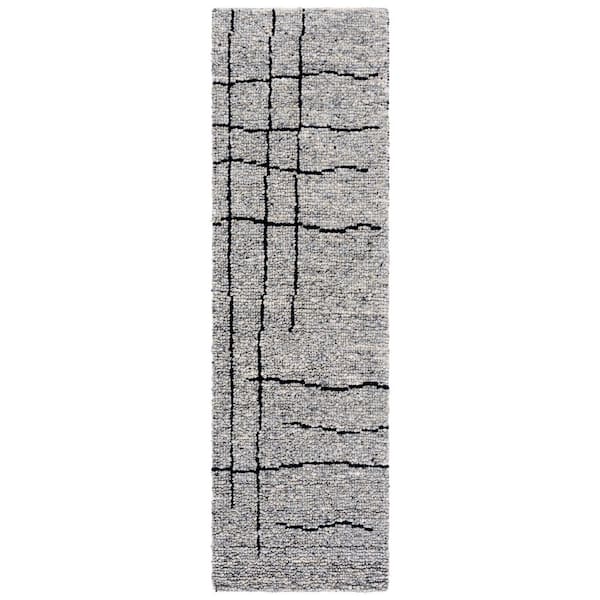 Natura 2 ft. x 8 ft. Gray/Black Abstract Grid Distresed Runner Rug