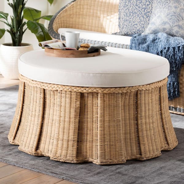 bali & pari Ying Natural Brown Rattan Cocktail Ottoman with Fabric