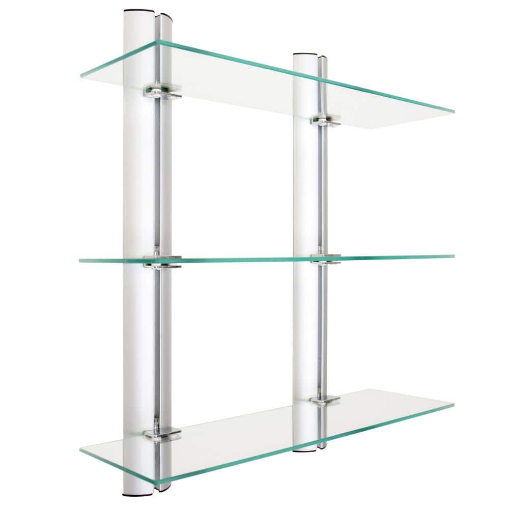 Black Glass and Wood Floating Wall Shelf Unit