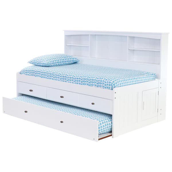 OS Home and Office Furniture Mission Casual White Twin Sized Bookcase Daybed with 3-Drawers and a Twin Trundle