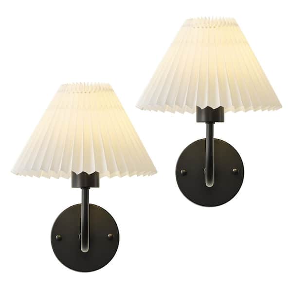 (Set of 2) 1-Light Matte Black Modern Wall Sconces, White Pleated Fabric Shade Wall Light Fixtures for Bedroom