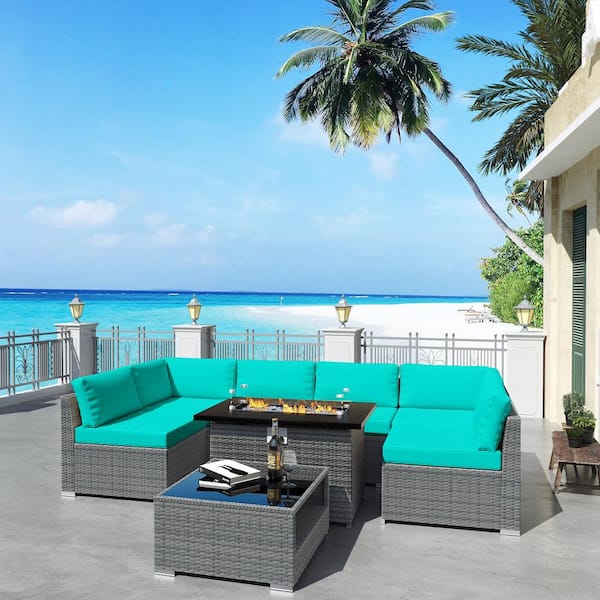 Gardenbee 8-Piece Wicker Outdoor Patio Sectional Conversation Set with Turquoise Cushions and Fire Pit Table