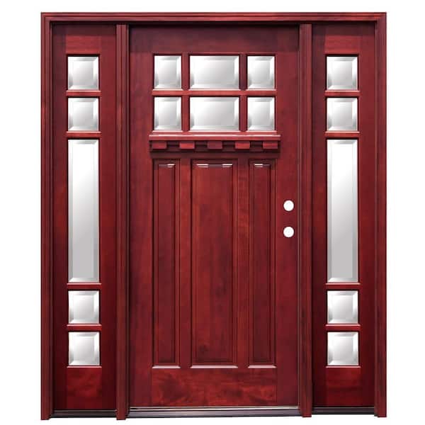 Pacific Entries 68 in. x 80 in. Craftsman 6 Lite Stained Mahogany Wood Prehung Front Door with Dentil Shelf and 12 in. Sidelites