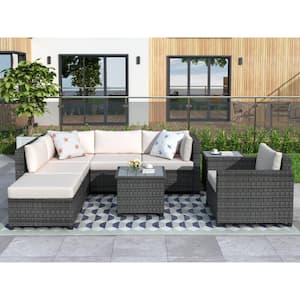 Deep seating High End 8-Piece Gray Wicker Outdoor Sectional Set with Extra Thick Beige Cushions