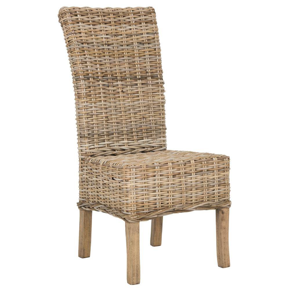 High-Back Rattan & Mango Wood Side Chair in Natural Grey (Set of 2)
