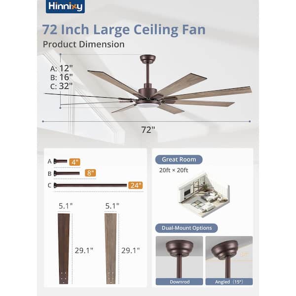 HINNIXY 72 in. Indoor Bronze 3-Colors LED 6-Speeds