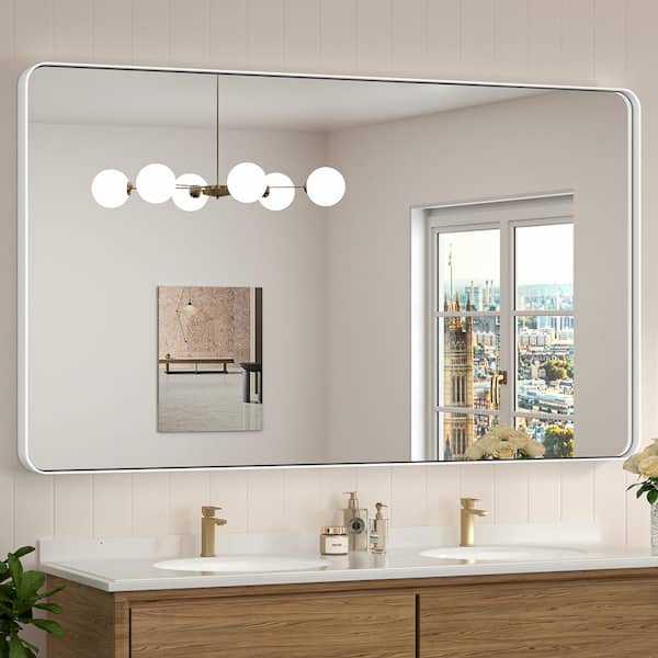 60 in. W x 36 in. H Modern Rectangular Aluminum Framed Wall Bathroom Vanity Mirror in White