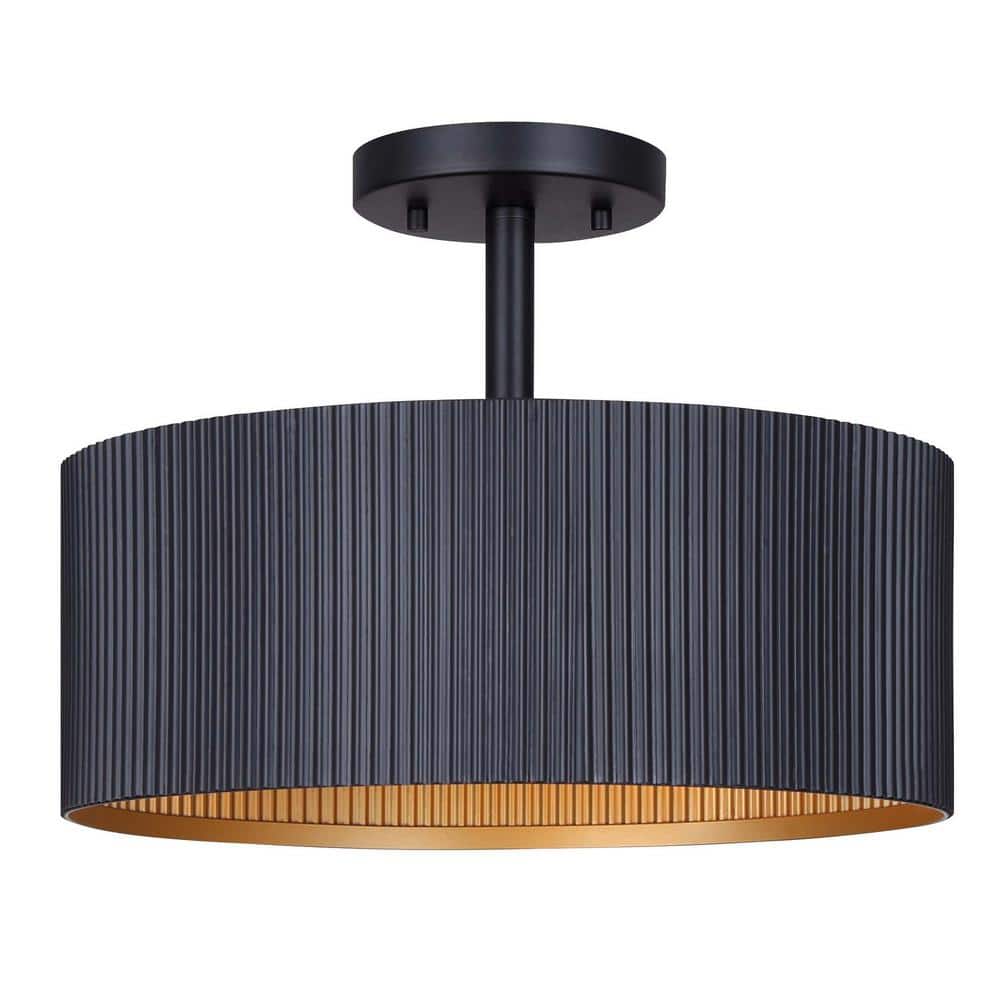 Rexton 13 in. 2-Light 60-Watt Modern Matte Black Semi- Flush Mount with Matte Black and Gold Metal Shade