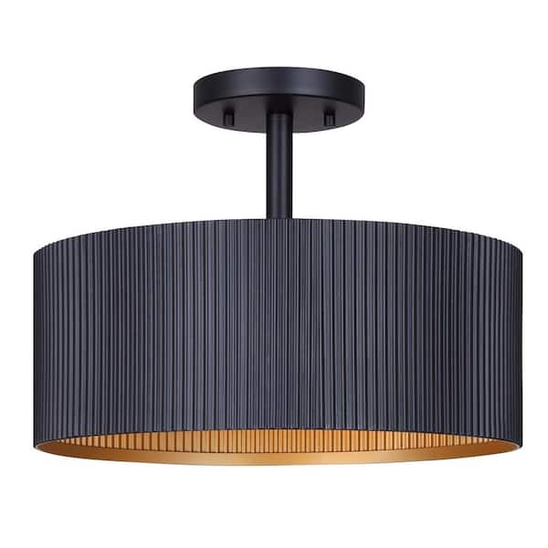 CANARM Rexton 13 in. 2-Light 60-Watt Modern Matte Black Semi- Flush Mount with Matte Black and Gold Metal Shade