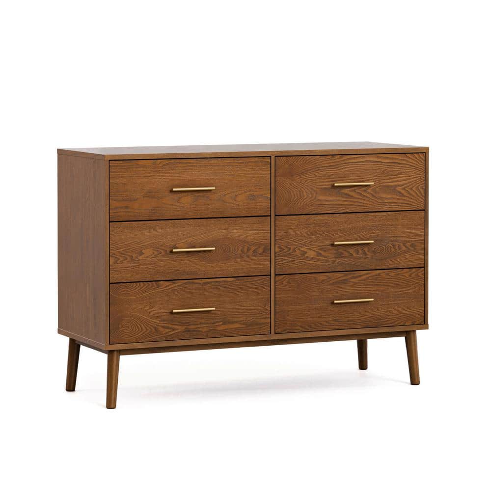 Furniture of America Riverstone Mid Century Modern Walnut 6 Drawer 47 in. Wide Dresser with Anti-Tip Interlock System