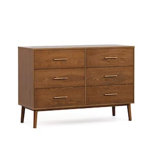 Riverstone Mid Century Modern Walnut 6 Drawer 47 in. Wide Dresser with Anti-Tip Interlock System