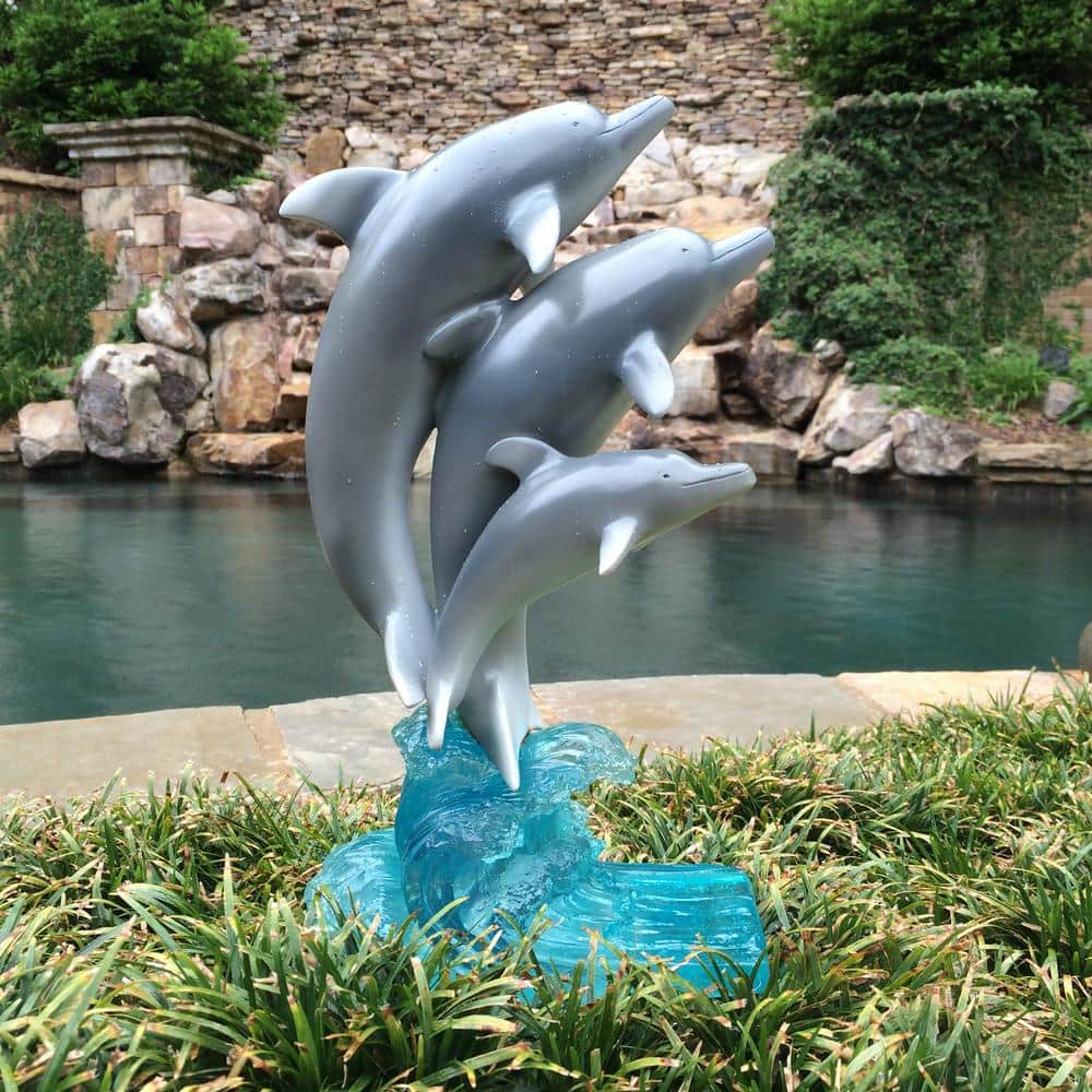 Natural Gray and Blue Resin Dolphin Statue for Indoor/Outdoor Use