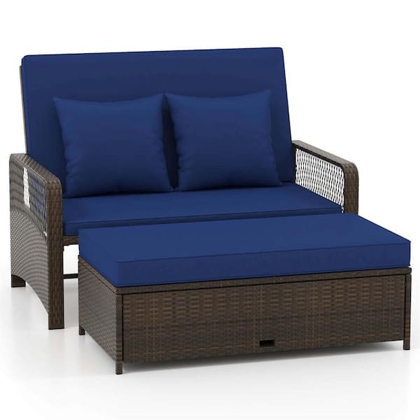 2-Piece Wicker Outdoor Day Bed Set with Cushioned Loveseat and Storage Ottoman for Porch with Blue Cushions