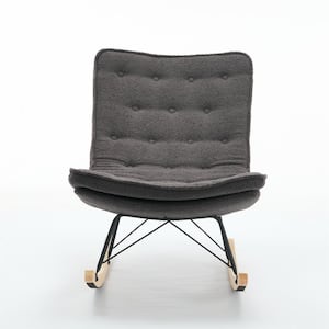 Metal Outdoor Lounge Chair, Comfortable Rocking Chair with Wood Base and Grey Cushions for Patio, Balcony, Bedroom