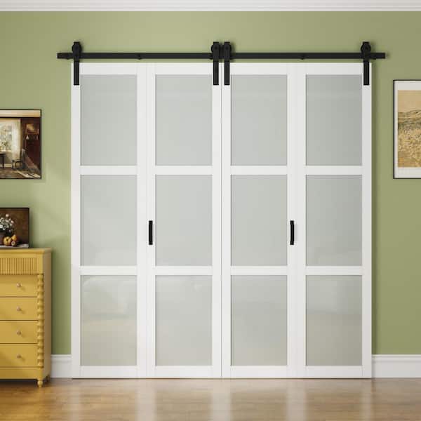 80 in. x 84 in. 3-Lite Tempered Frosted Glass White Finished Composite MDF Bi-Fold Sliding Barn Door with Hardware Kit