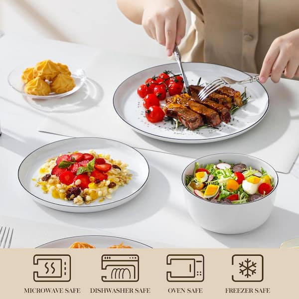 MALACASA 12-Piece White Black Rim Porcelain Dinnerware Set Service