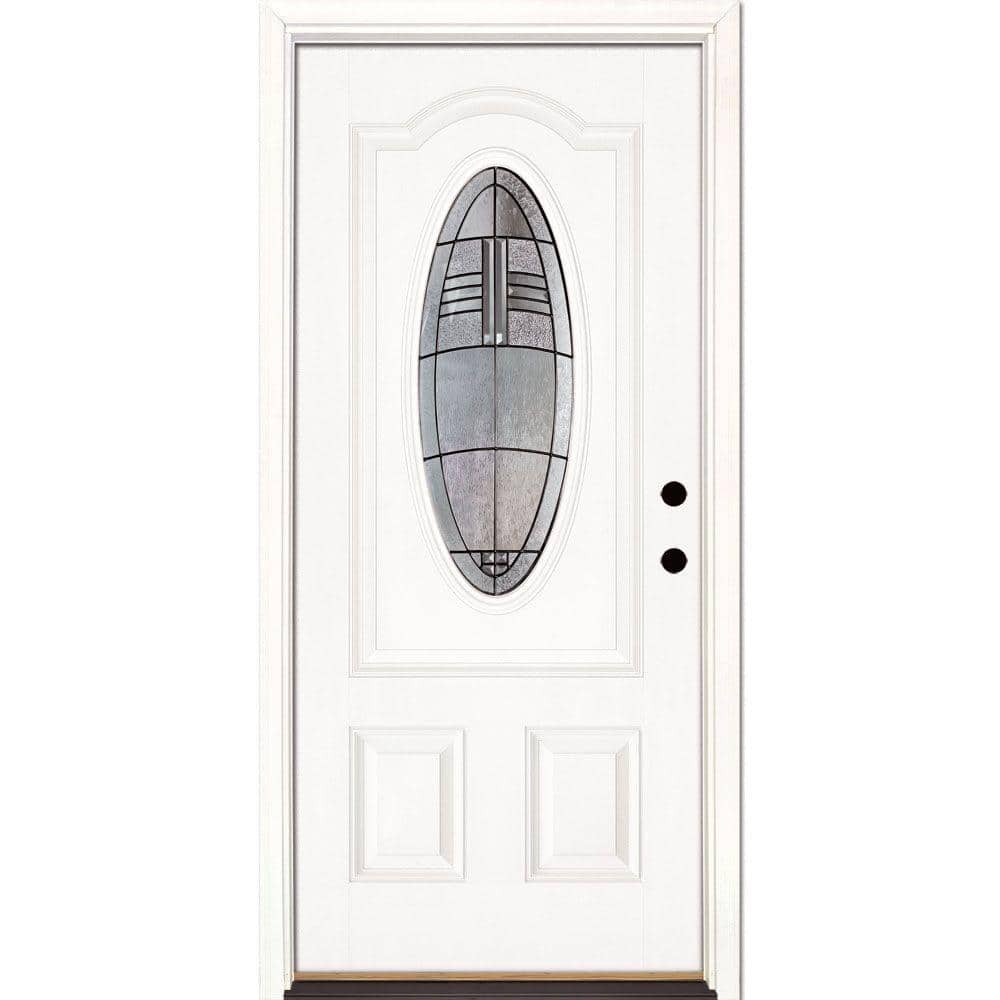 Feather River Doors 33.5 in. x 81.625 in. Rochester Patina 3/4 Oval Lite Unfinished Smooth Left-Hand Inswing Fiberglass Prehung Front Door, Smooth White: Ready to Paint -  173170