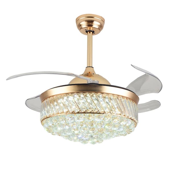 OUKANING 42 in. Modern Gold Indoor Integrated LED Crystal Shade Retractable ABS Blades Ceiling Fan with Remote