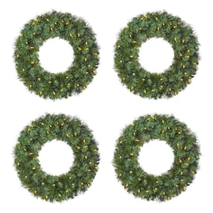 24 in. Battery Operated Pre-Lit LED Wesley Pine Artificial Christmas Wreath 4-Pack