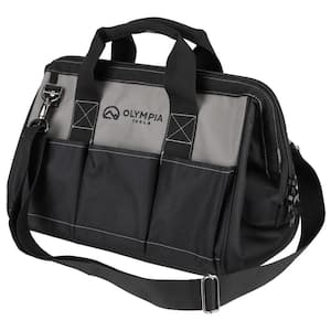 12 in. Black Water-Resistant Tool Bag with Dual Zipper, Adjustable Shoulder Strap